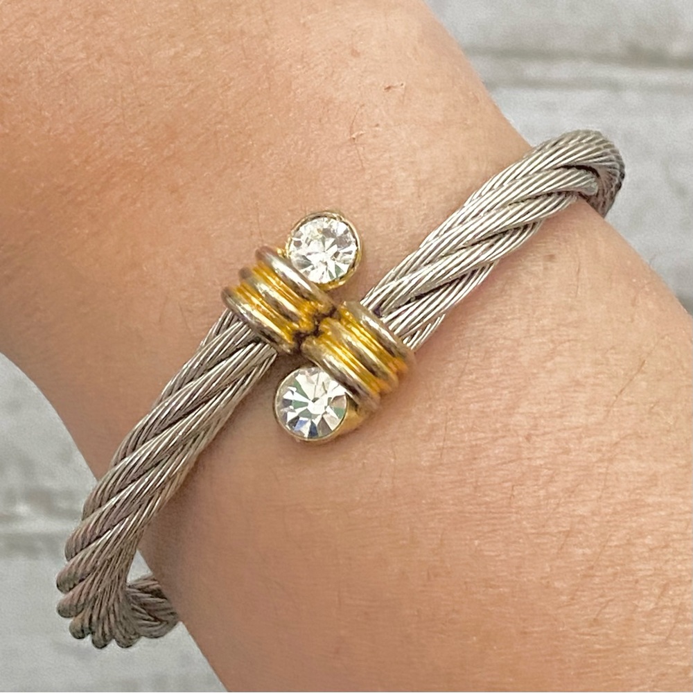 Unsigned Two-Tone Twisted Cable Open Cuff Cz End … - image 2